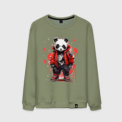 Мужской свитшот Модная панда в красной куртке / Авокадо – фото 1