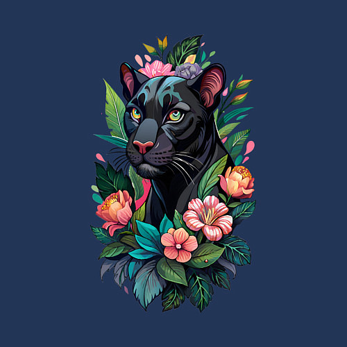 Мужской свитшот Черная пантера среди цветов / Тёмно-синий – фото 3