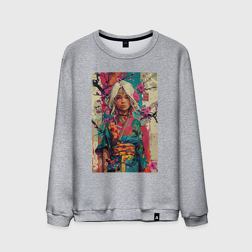 Мужской свитшот Белокурая индейская девушка в японском кимоно - жи / Меланж – фото 1