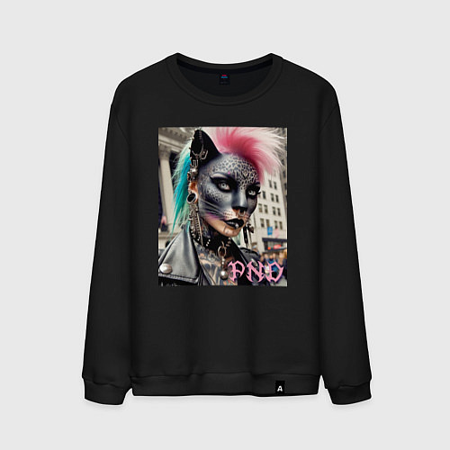 Мужской свитшот Девушка кошка - панк не умер / Черный – фото 1