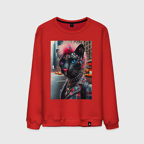 Мужской свитшот Голубоглазая пантера модница из Нью-Йорка - нейрос / Красный – фото 1