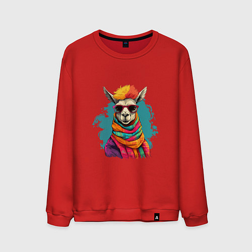 Мужской свитшот Лама в разноцветном шарфе / Красный – фото 1