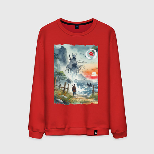 Мужской свитшот Ghost of Tsushima - watercolor / Красный – фото 1