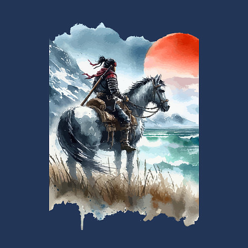 Мужской свитшот Японский самурай на коне - нейросеть / Тёмно-синий – фото 3