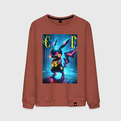 Мужской свитшот Cyber Pikachu - neon glow ai art / Кирпичный – фото 1