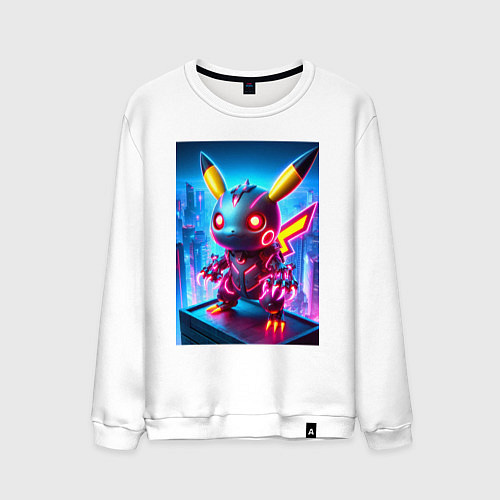 Мужской свитшот Ужасный пикачу - нейроарт неоновое свечение / Белый – фото 1