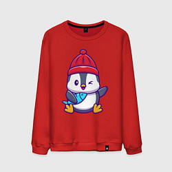 Свитшот хлопковый мужской Пингвин с рыбкой, цвет: красный