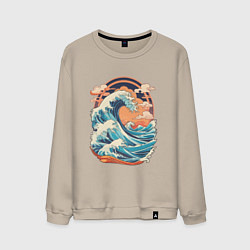 Свитшот хлопковый мужской Волна и облака в японском стиле, цвет: миндальный
