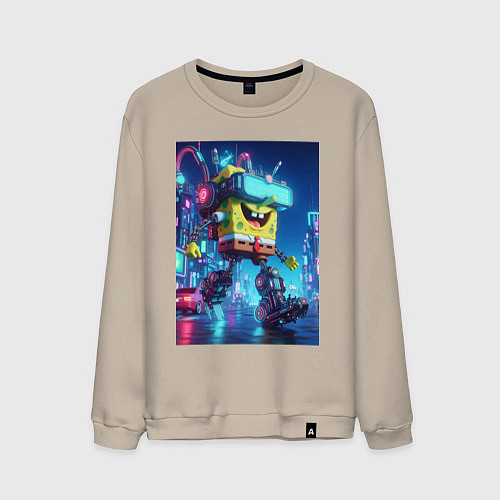 Мужской свитшот Cyber Sponge Bob - neon glow fantasy / Миндальный – фото 1