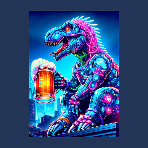 Мужской свитшот Cyber tyrannosaur with a mug of beer - ai art fant / Тёмно-синий – фото 3