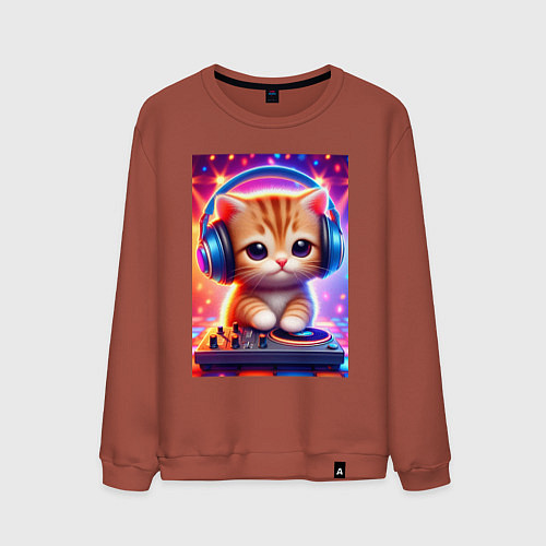 Мужской свитшот Cutie kitten DJ - neon glow / Кирпичный – фото 1