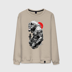 Свитшот хлопковый мужской Волк воин - японская гравюра, цвет: миндальный