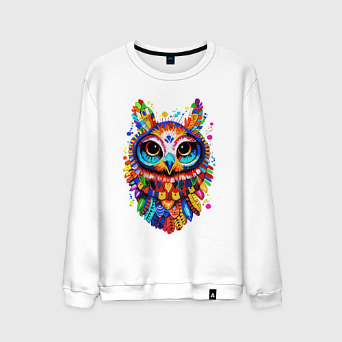 Мужской свитшот Сюрреалистичная сова радужные перья / Белый – фото 1