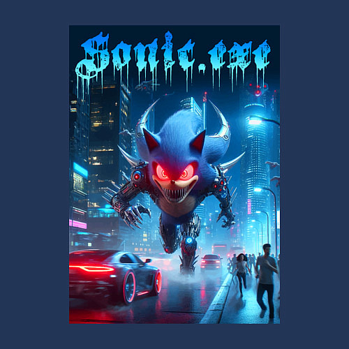 Мужской свитшот Ёжик монстр в ночном мегаполисе - неоновое свечени / Тёмно-синий – фото 3