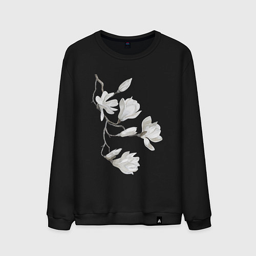 Мужской свитшот Цветы акварелью ветки магнолии / Черный – фото 1
