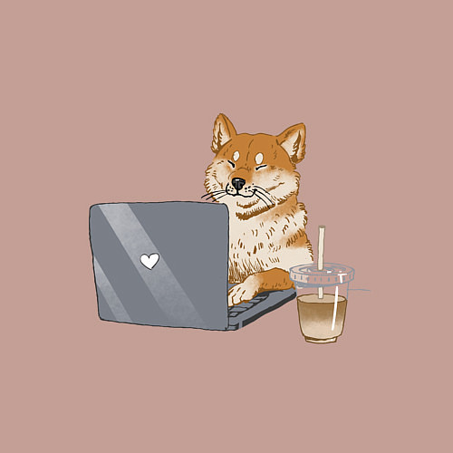 Мужской свитшот Собака Сиба ину печатает на ноутбуке с кофе / Пыльно-розовый – фото 3