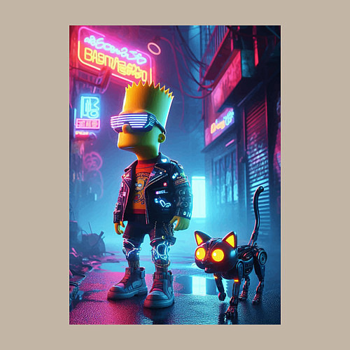 Мужской свитшот Барт Симпсон гуляет с роботом котом в ночном город / Миндальный – фото 3