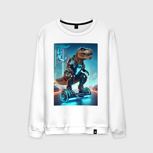 Мужской свитшот Cyber tyrannosaur on a hoverboard - neon glow fant / Белый – фото 1