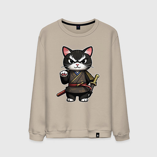 Мужской свитшот Крутой кот самурай / Миндальный – фото 1