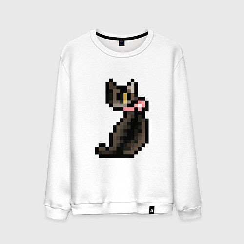 Мужской свитшот Милая пиксельная кошка с розовым ошейником / Белый – фото 1