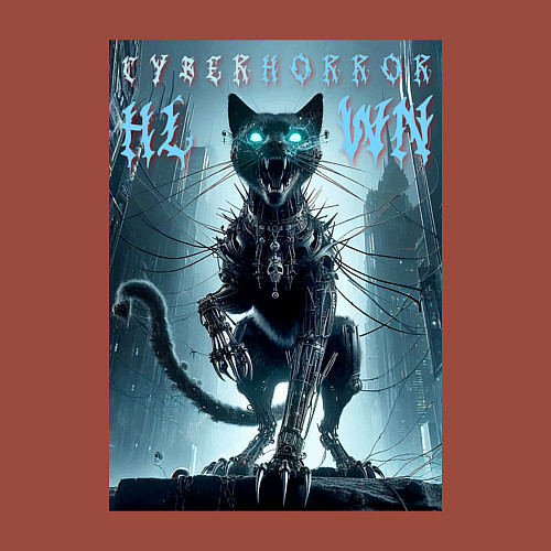 Мужской свитшот Cyber black cat - halloween horror fantasy / Кирпичный – фото 3