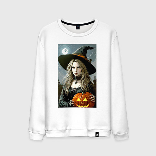 Мужской свитшот Ведьма держит тыкву - хэллоуин / Белый – фото 1