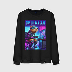 Свитшот хлопковый мужской Капибара заядлый геймер - неоновое свечение, цвет: черный