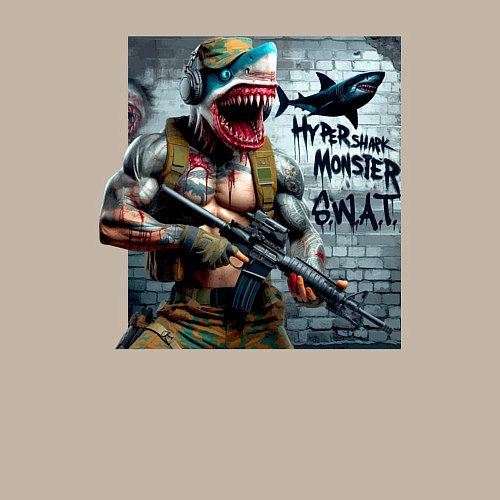 Мужской свитшот Hyper shark monster swat - ai art fantasy / Миндальный – фото 3