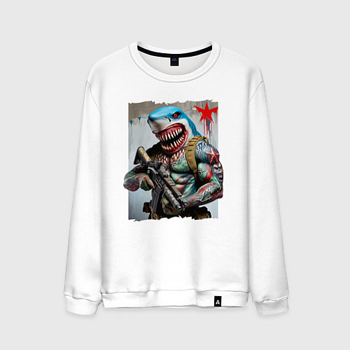 Мужской свитшот Чувак-акула боец спецназа / Белый – фото 1