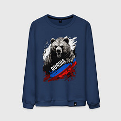 Свитшот хлопковый мужской Русский медведь на фоне флага России, цвет: тёмно-синий