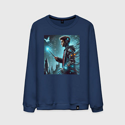 Свитшот хлопковый мужской Harry Potter with a magic wand - cyberpunk, цвет: тёмно-синий
