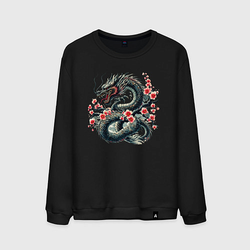 Мужской свитшот Japanese dragon and sakura - irezumi / Черный – фото 1