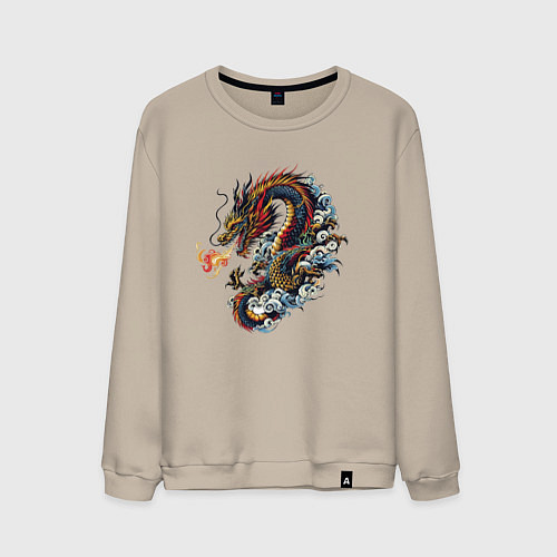 Мужской свитшот Japanese dragon - engraving / Миндальный – фото 1