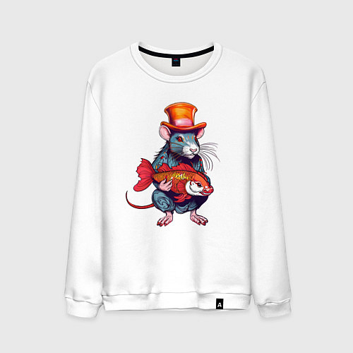 Мужской свитшот Крыса с рыбой в японском стиле / Белый – фото 1