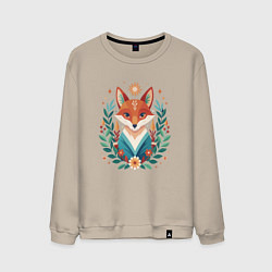 Свитшот хлопковый мужской Лис с венком из ветвей, цвет: миндальный