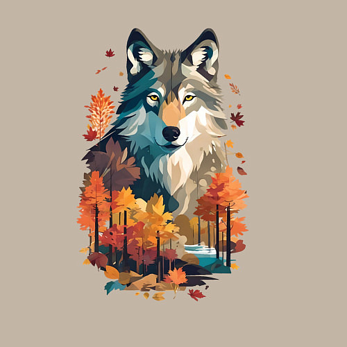 Мужской свитшот Волк и осенний лес / Миндальный – фото 3