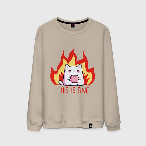 Мужской свитшот Cat - this is fine / Миндальный – фото 1