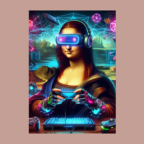 Мужской свитшот Mona Lisa is an avid gamer - cyberpunk / Пыльно-розовый – фото 3