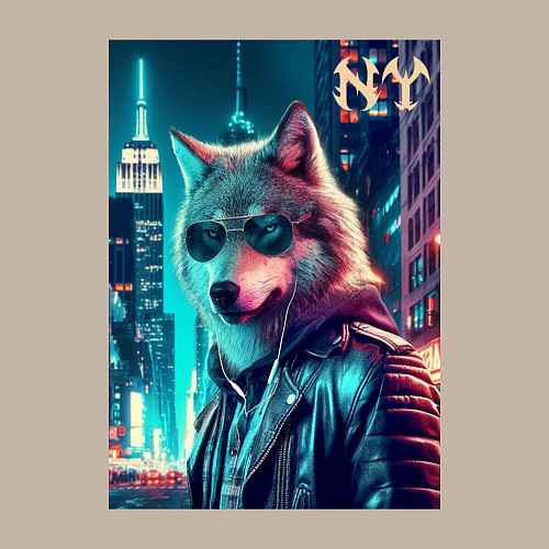 Мужской свитшот Крутой волчара в ночном Нью-Йорке - нейроарт / Миндальный – фото 3