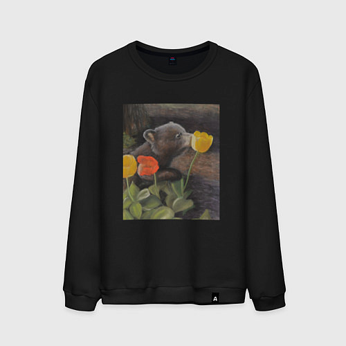 Мужской свитшот Мишка с тюльпанами / Черный – фото 1