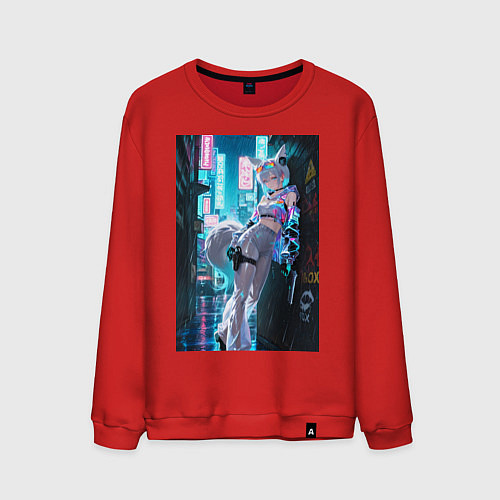 Мужской свитшот Лиса наемник в стиле Cyberpunk / Красный – фото 1