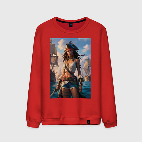 Мужской свитшот Пиратка на фона флотилии кораблей / Красный – фото 1