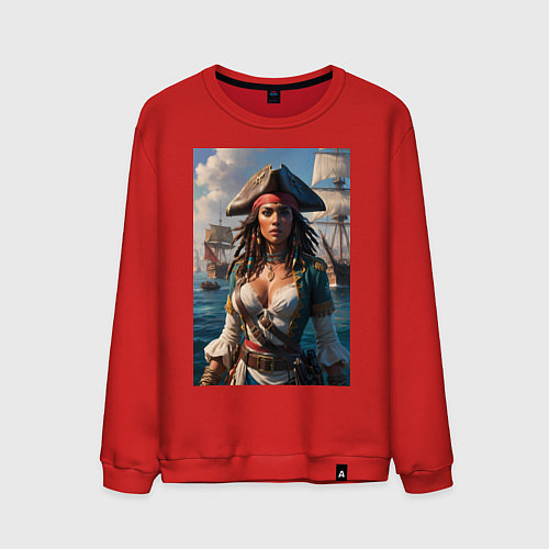 Мужской свитшот Пиратка на фона флотилии кораблей / Красный – фото 1