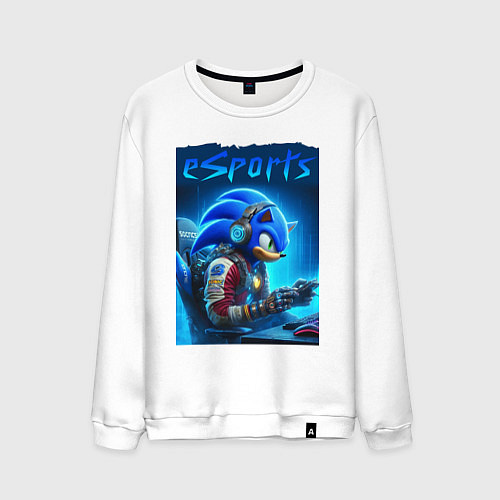 Мужской свитшот Hedgehog Sonic is esports player - neon glow / Белый – фото 1