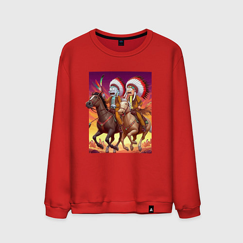 Мужской свитшот Индейцы Рик и Морти скачут на лошадях / Красный – фото 1