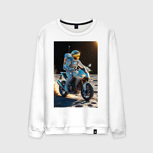 Мужской свитшот Космонавт ездит на мотоцикле по Луне / Белый – фото 1