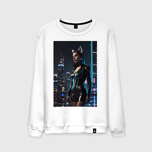 Мужской свитшот Девушка с кошачьими ушами стоит на фоне небоскребо / Белый – фото 1