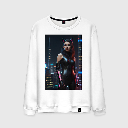 Мужской свитшот Девушка с кошачьими ушами стоит на фоне небоскребо / Белый – фото 1