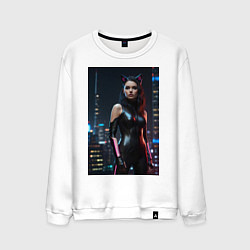 Мужской свитшот Девушка с кошачьими ушами стоит на фоне небоскребо