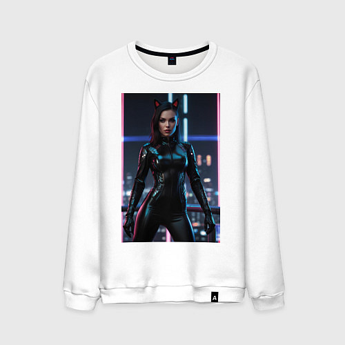 Мужской свитшот Девушка с кошачьими ушами стоит на фоне небоскребо / Белый – фото 1